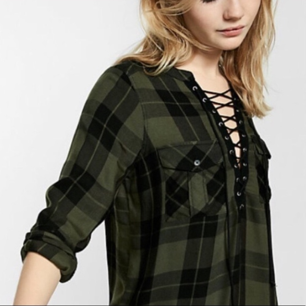 Express Lace-Up Flannel Top, Size Small